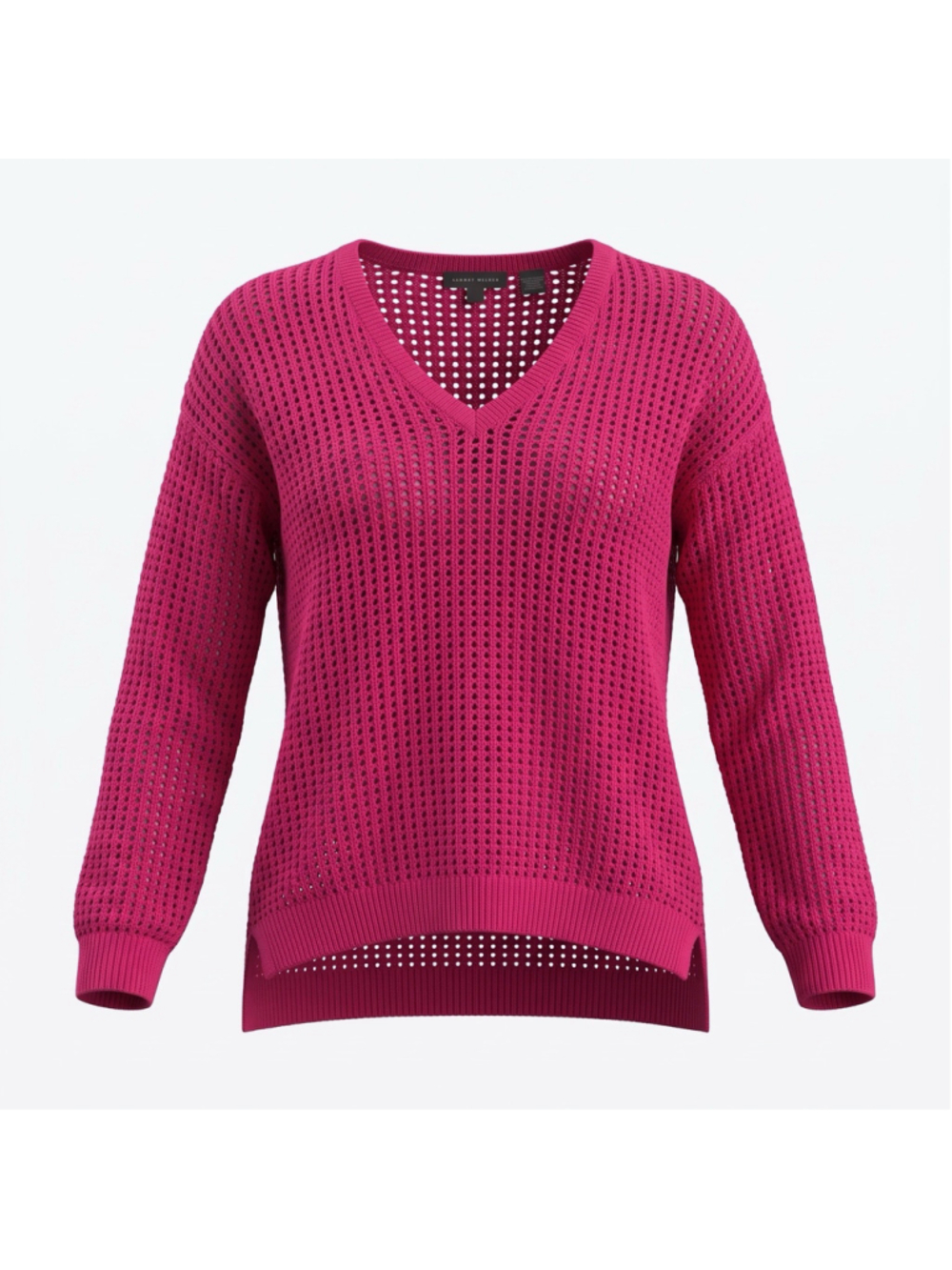 Jeanne Pierre Sweater Pink Cotton Open Knit V Neck High Low Hem Womens Medium